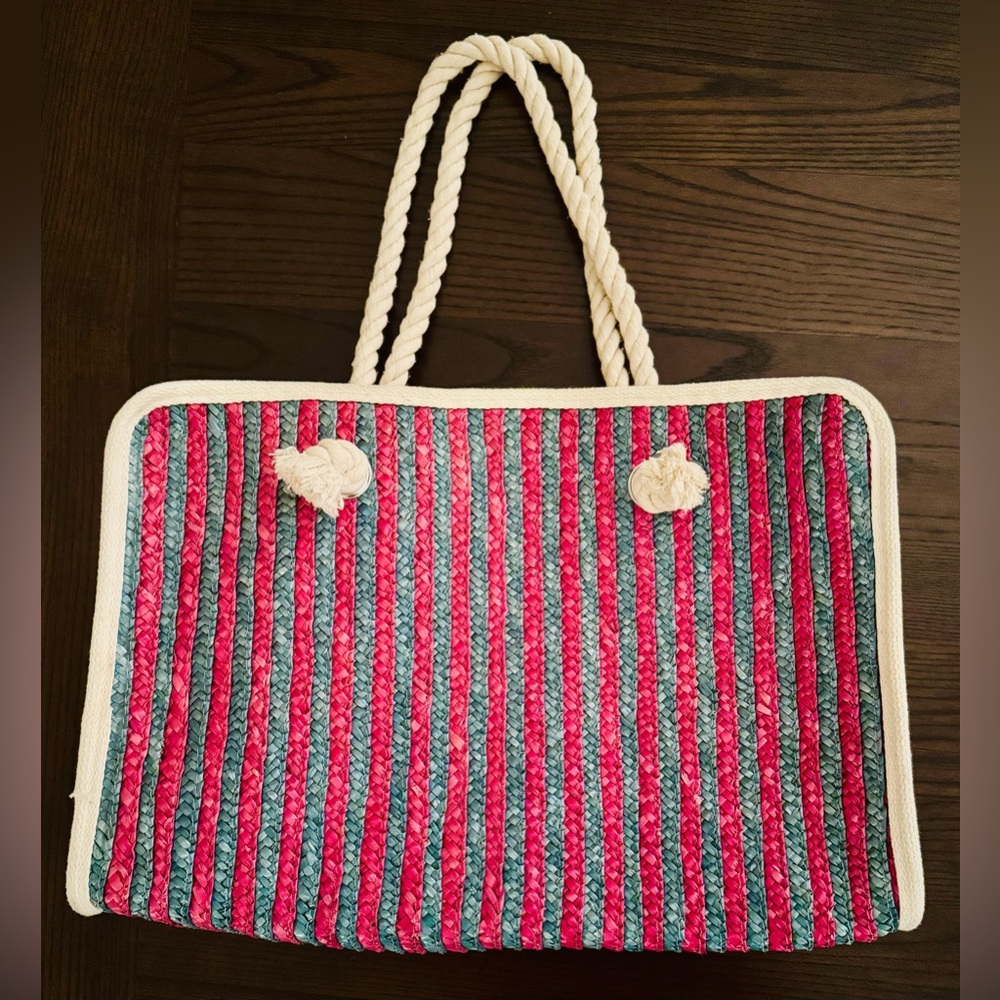Saks Fifth Avenue Bag Tote Beach Vacation Pink Blue Rope Straps Nautical